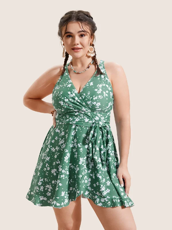 Ditsy Floral Overlap Collar Tie Knot Swim Dress