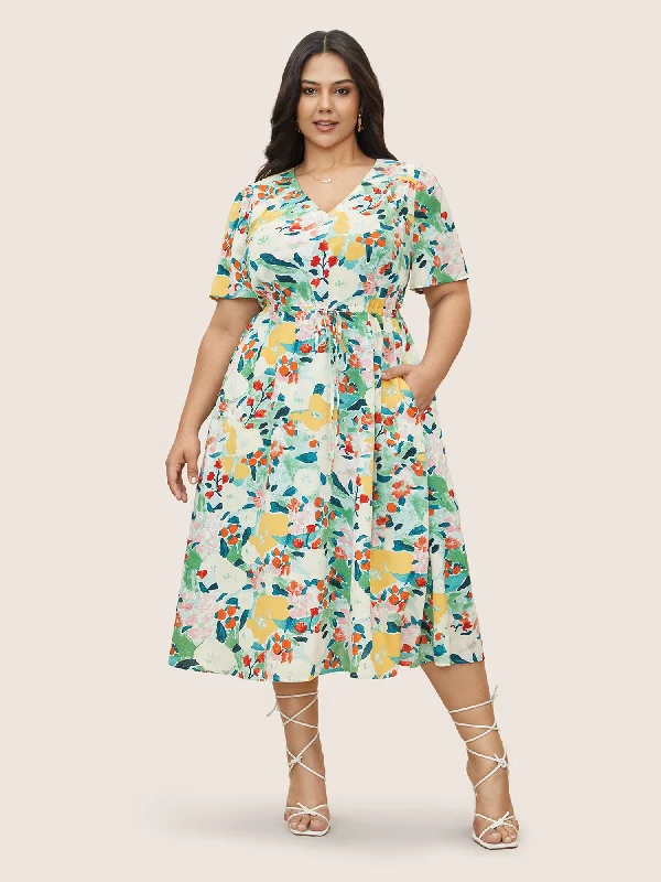 Citrus Lemon Print Drawstring Gathered Dress