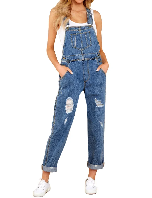 Light Blue Cuffed Hem Ripped Bib Denim Overall Jumpsuit